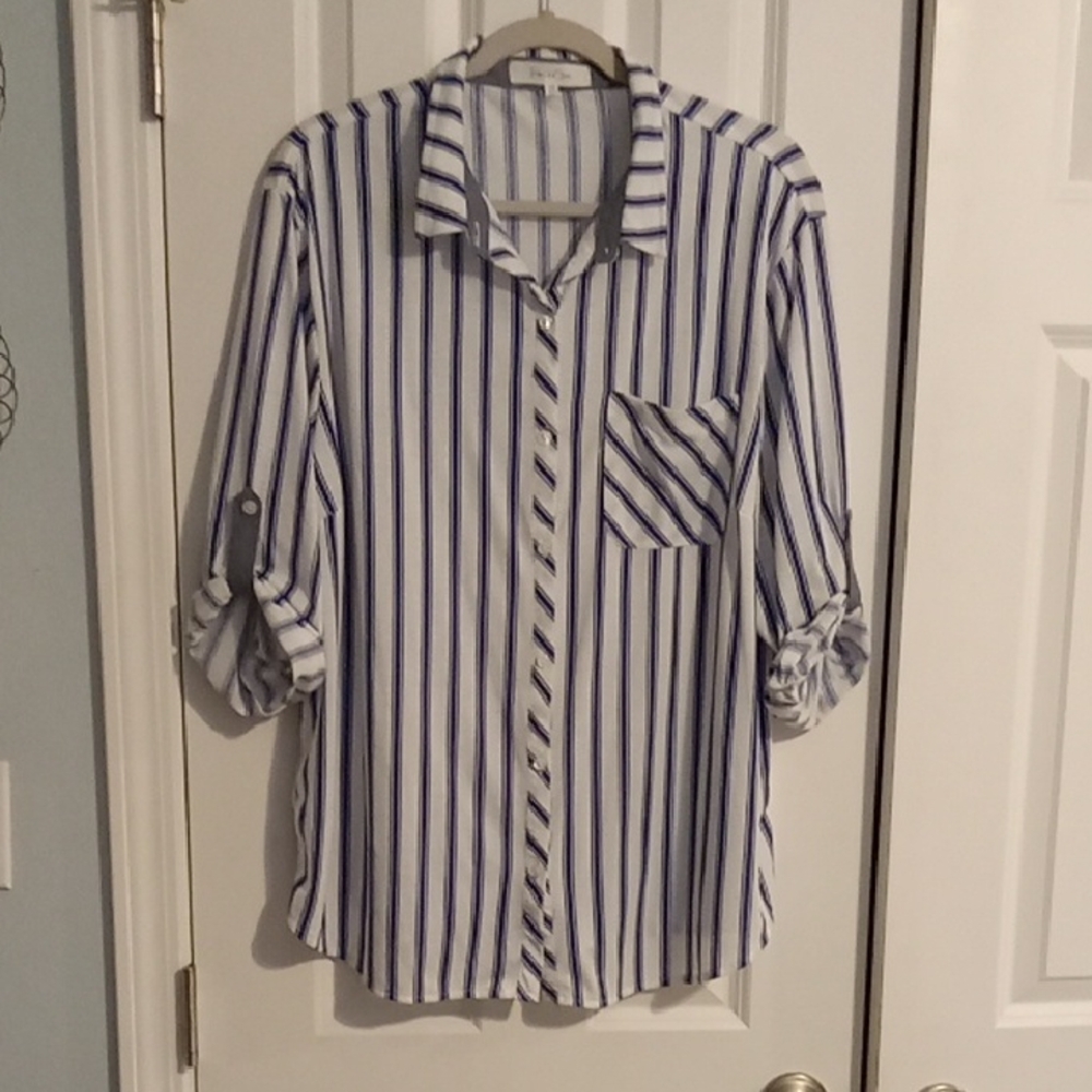 Eden & Olivia Navy and White Striped Button Down Shirt